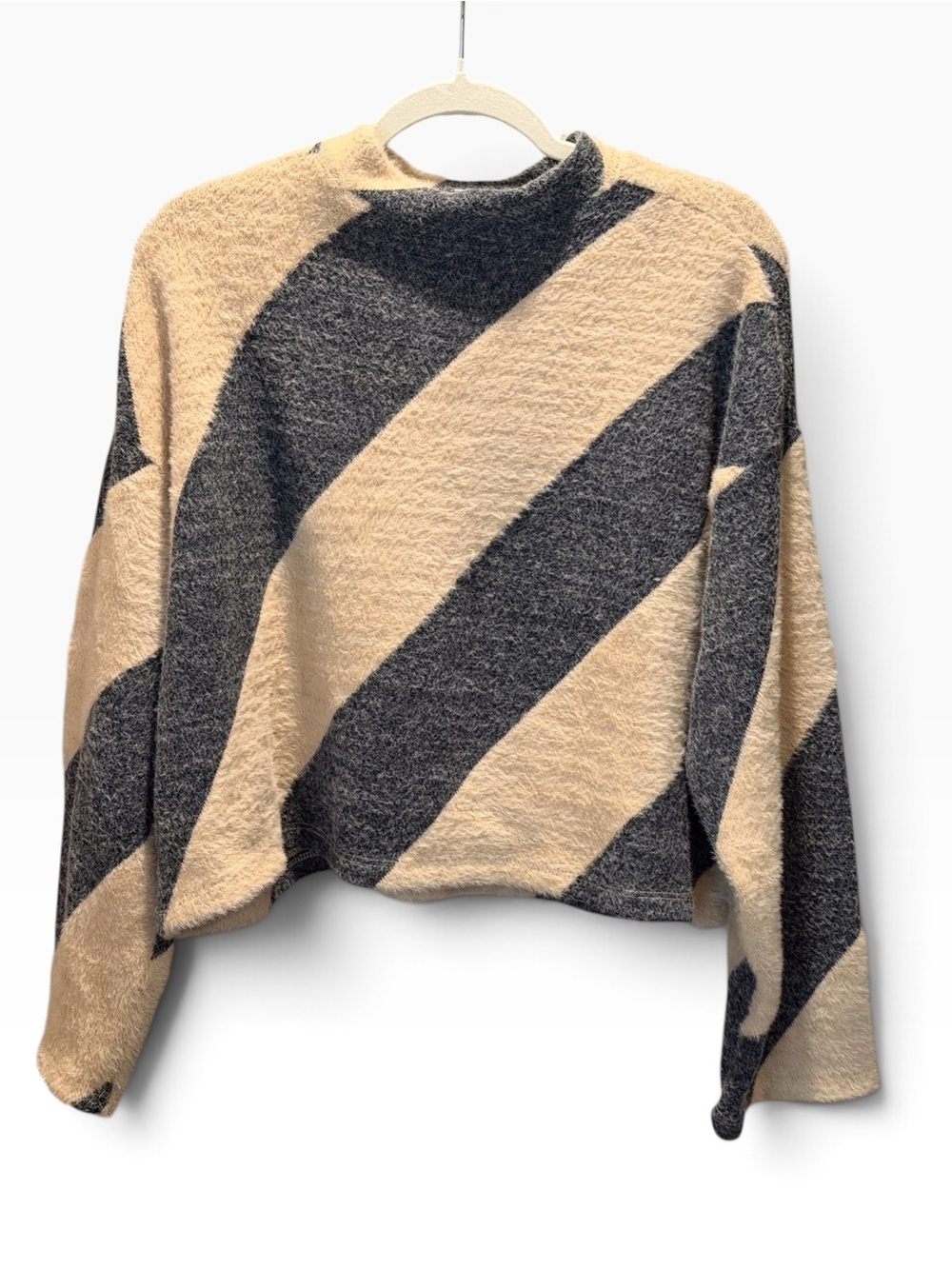 Anthropologie Maeve Striped Fuzzy Mock-Neck Cropped Sweater Cream Charcoal XL